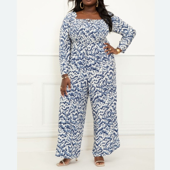 Eloquii Blue and White Printed Jumpsuit - Picture 1 of 5